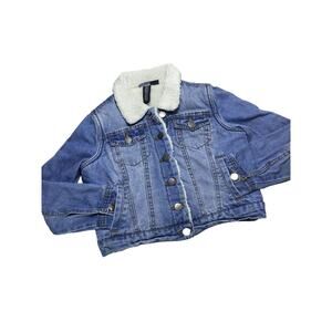 Jou Jou Girls Denim Trucker Jacket Size M 10/12 Fleece Sherpa Lined Retro Boho
